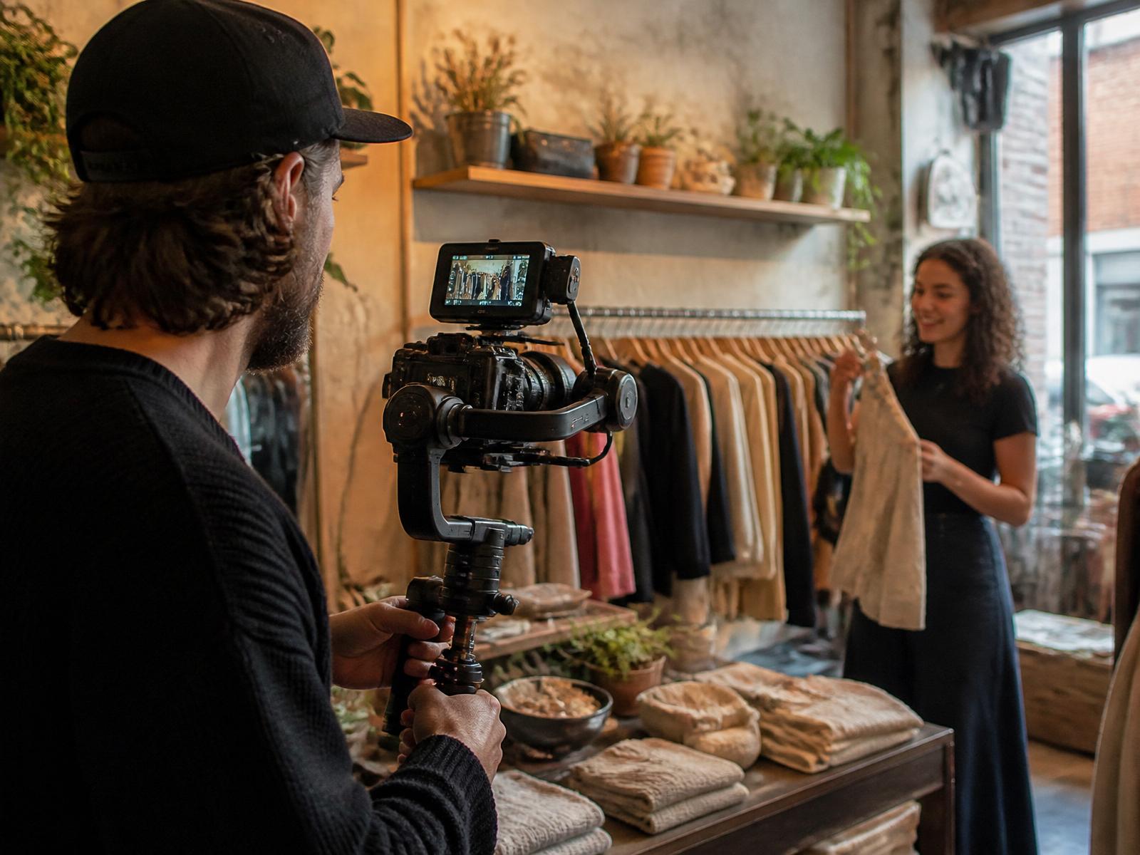 Équipe vidéo en tournage dans un commerce local à Montréal